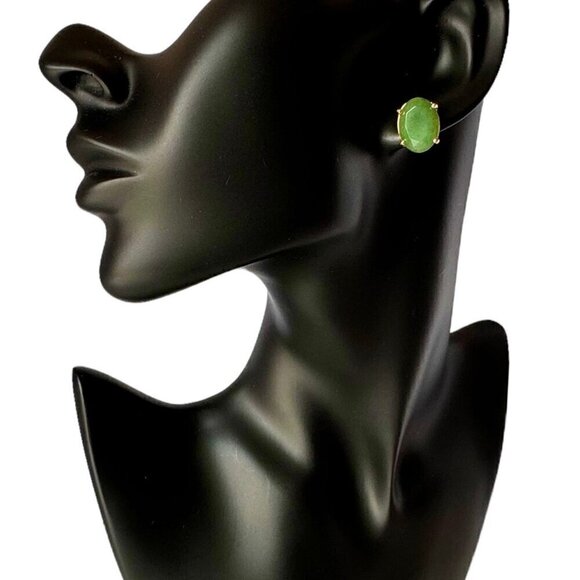 NEW Oval Stud Earrings Natural Green Aventurine 18K Gold Plated Classic 90s - Picture 4 of 11